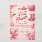 Personal Pink Yee Haw Cowgirl Birthday Party  招待状 (正面/裏面)