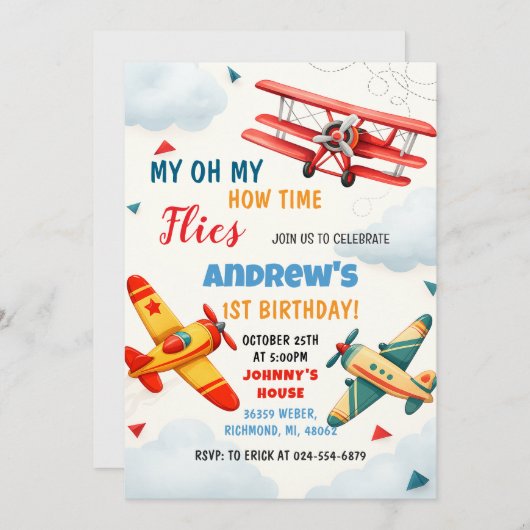 Personal Plane Time Flies 1st Birthday for kid 招待状 (正面/裏面)