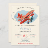 Personal red Airplane 1st Birthday party 招待状 (正面/裏面)