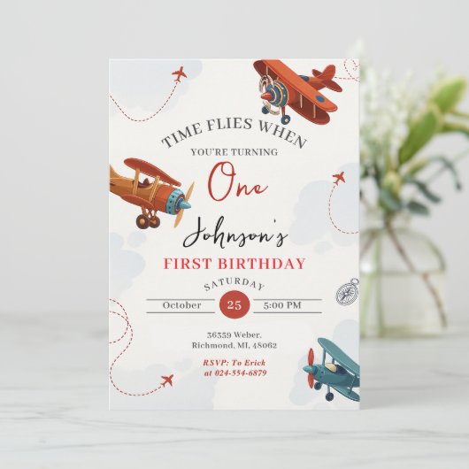 Personal Retro Airplane first Birthday party 招待状 (スタンド正面)
