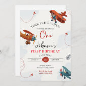 Personal Retro Airplane first Birthday party 招待状 (正面/裏面)