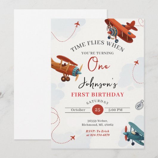 Personal Retro Airplane first Birthday party 招待状 (正面/裏面)