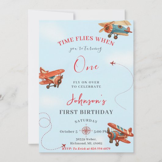 Personal Retro Airplane first Birthday party 招待状 (正面)