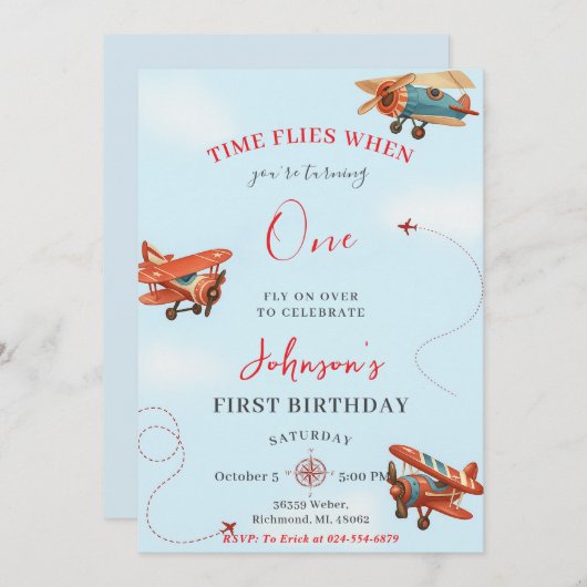 Personal Retro Airplane first Birthday party 招待状 (正面/裏面)