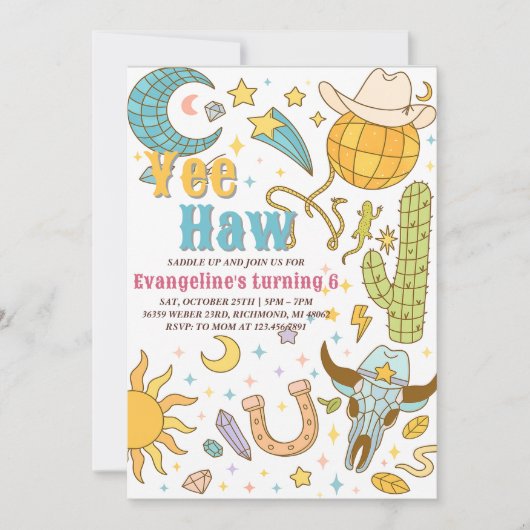 Personal Retro Space Yee Haw Cowgirl Birthday  招待状 (正面)