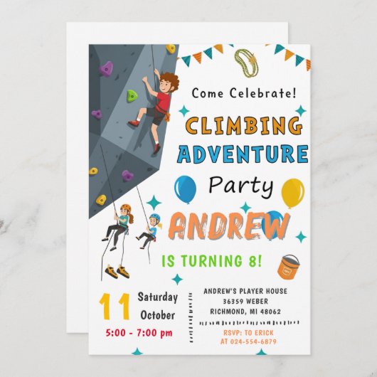 Personal Rock Climbing Birthday Party Invitation 招待状 (正面/裏面)
