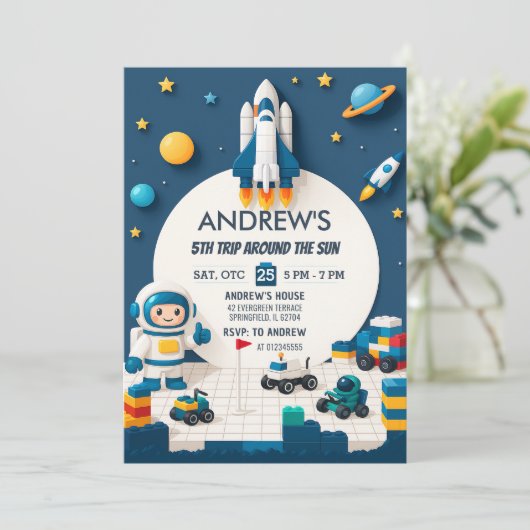 Personal Rocket Ship Outer Space Birthday 招待状 (スタンド正面)