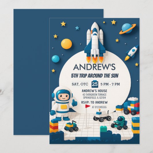 Personal Rocket Ship Outer Space Birthday 招待状 (正面/裏面)