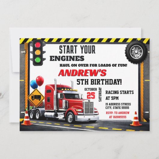 Personal Semi Truck Birthday Invitation for boy 招待状 (正面)