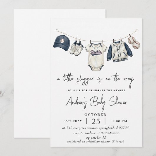 Personal Simple Baseball Baby Shower watercolor 招待状 (正面/裏面)