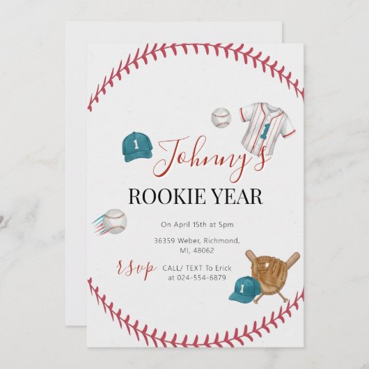 Personal Simple Baseball Birthday Party 招待状 (正面/裏面)