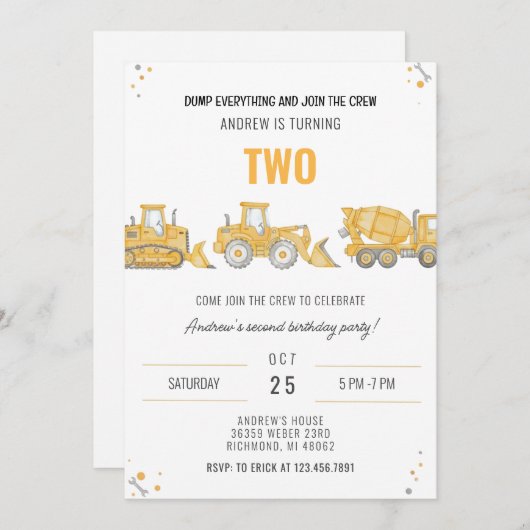 Personal Simple Construction Birthday Party Invita 招待状 (正面/裏面)