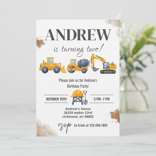 Personal Simple Modern Construction Birthday 招待状 (スタンド正面)