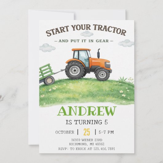 Personal simple Tractor Birthday 招待状 (正面)