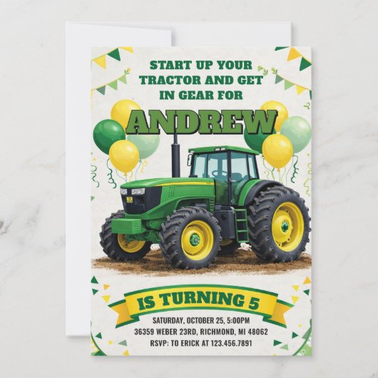Personal simple Tractor Birthday party 招待状 (正面)