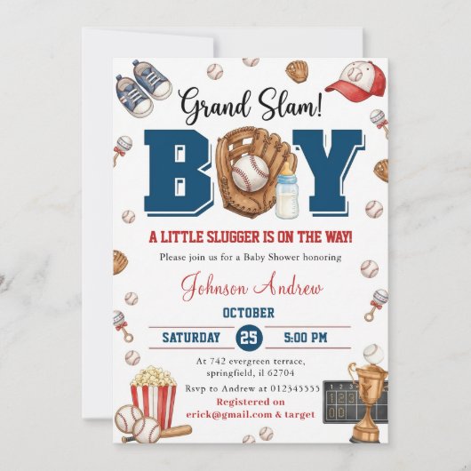 Personal Slumdunk Oh Boy Baseball Baby Shower 招待状 (正面)
