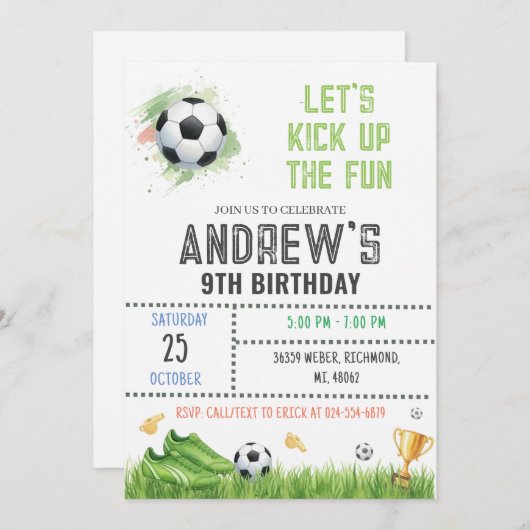 Personal Soccer Birthday Invitation Template 招待状 (正面/裏面)
