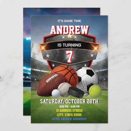 Personal Sport Birthday Printable Invitation 招待状 (正面/裏面)