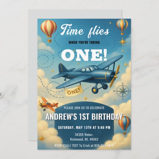 Personal Time Flies First Birthday party 招待状 (正面/裏面)