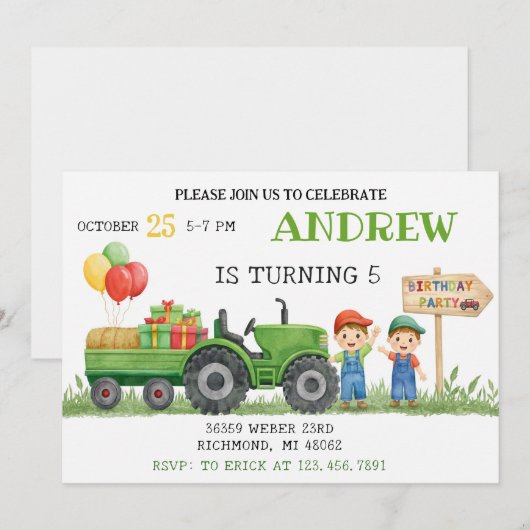 Personal Tractor Birthday 招待状 (正面/裏面)