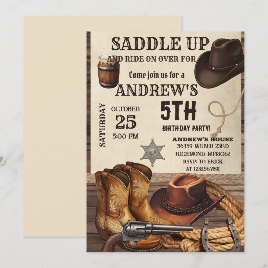 Personal Western Cowboy Birthday 招待状 (正面/裏面)