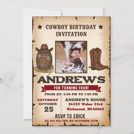 Personal Western Wild West Cowboy Birthday Party 招待状 (正面)