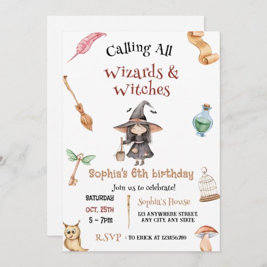 Personal Witches Hallowee Castle Wizardry Birthday 招待状 (正面/裏面)