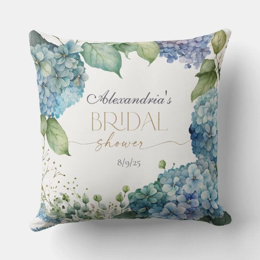 Personalise Bridal Shower Blue Hydrangeas Welcome クッション (裏面)