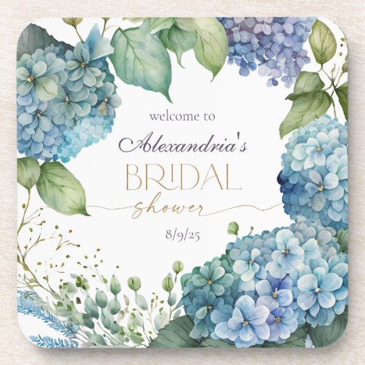 Personalise Bridal Shower Blue Hydrangeas Welcome コースター (正面)