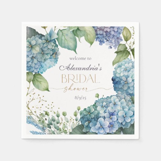 Personalise Bridal Shower Blue Hydrangeas Welcome スタンダードカクテルナプキン (正面)