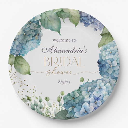 Personalise Bridal Shower Blue Hydrangeas Welcome ペーパープレート (正面)
