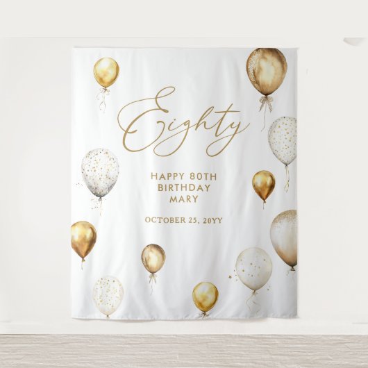 Personalised 80th Birthday Gold Balloon タペストリー (正面)