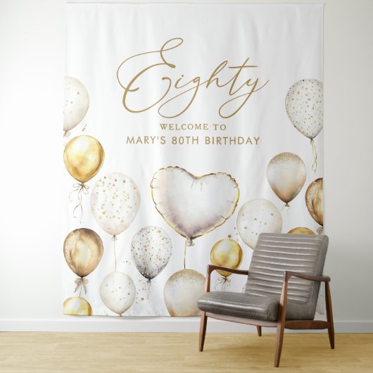 Personalised 80th Birthday Script Gold Balloon タペストリー (インサイチュ)
