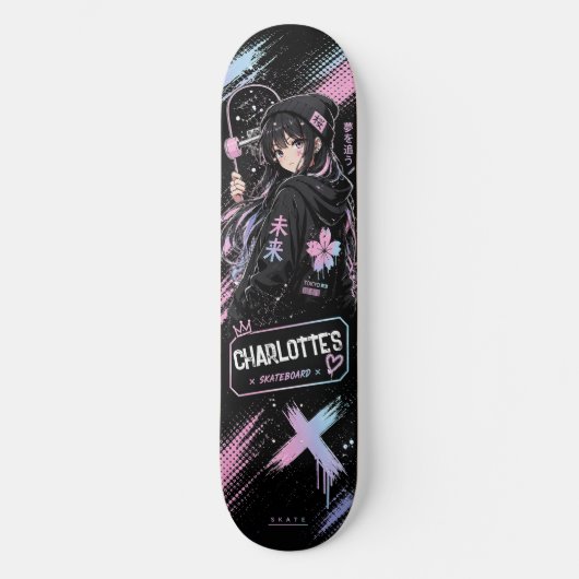 Personalised Anime Pastel and Black Skateboard  スケートボード (正面)