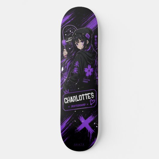 Personalised Anime Purple and Black Skateboard  スケートボード (正面)