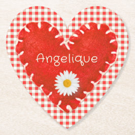 Personalised Applique Heart and Daisy on Gingham ペーパーコースター