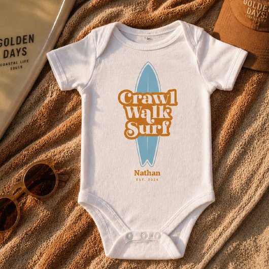 Personalised Baby Bodysuit, Crawl Walk Surf Summer ベビーボディスーツ