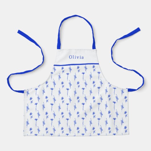 Personalised Blue Floral Pattern Apron. エプロン (正面)