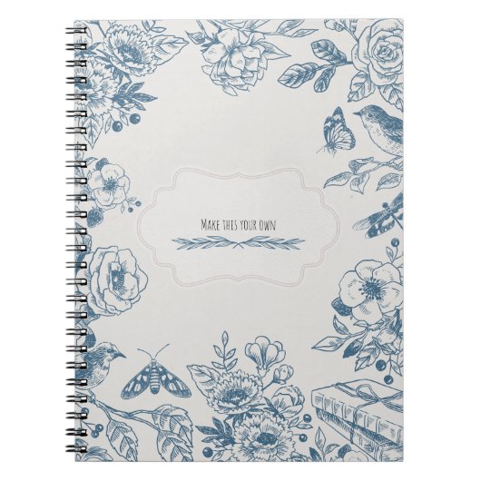 PERSONALISED Blue Line Vintage Flowers Notebook ノートブック (正面)