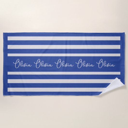 Personalised Blue Stripe Custom Initials Modern ビーチタオル (正面)