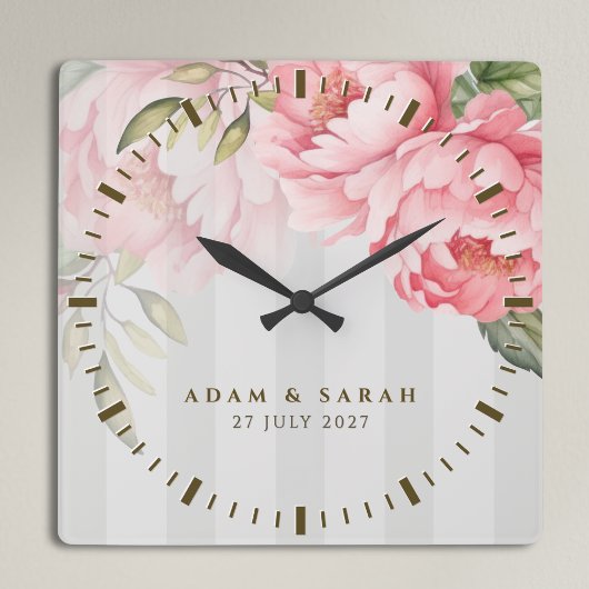 Personalised Blush Peony Wedding Gift for Couple スクエア壁時計
