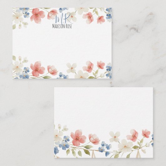 Personalised Blush Watercolour Floral Monogram ノートカード (正面/裏面)