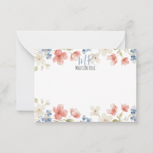 Personalised Blush Watercolour Floral Monogram ノートカード (正面)
