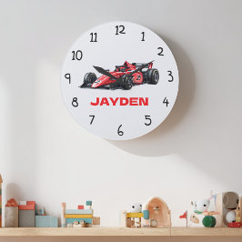 Personalised Boys Red Racing Car Wall Clock ラージ壁時計