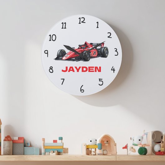 Personalised Boys Red Racing Car Wall Clock ラージ壁時計
