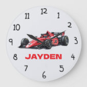 Personalised Boys Red Racing Car Wall Clock ラージ壁時計 (正面)