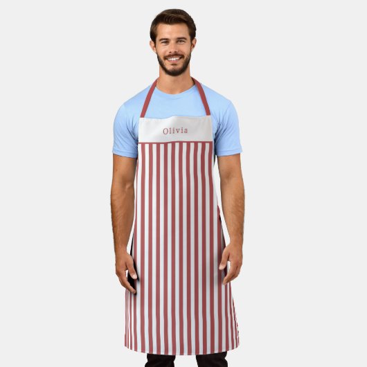 Personalised Burgundy Stripe Pattern Apron エプロン (着用した状態)