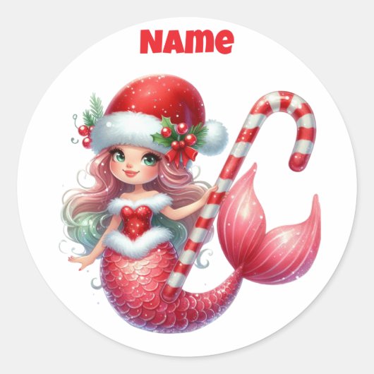 Personalised Christmas Mermaid Circular Sticke ラウンドシール (正面)
