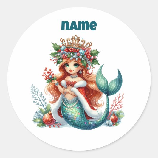 Personalised Christmas Mermaid Circular Sticker ラウンドシール (正面)