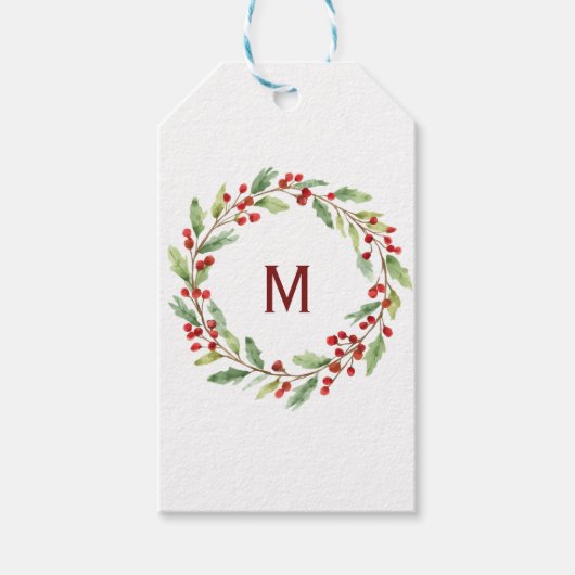 Personalised Christmas Monogram Red-Berry Wreath ギフトタグ (正面)